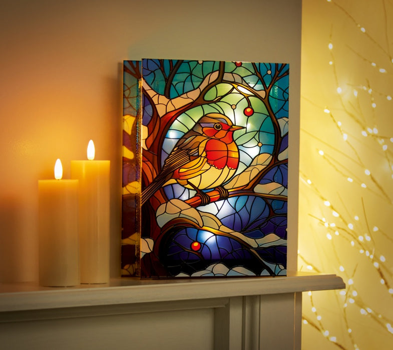 Premier Battery Operated Lit Glass Robin Table Top 50 LED Warm White