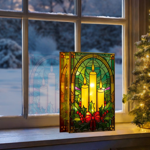 Premier Battery Operated Lit Candles & Holly Glass Table Top 50 Warm White LEDs
