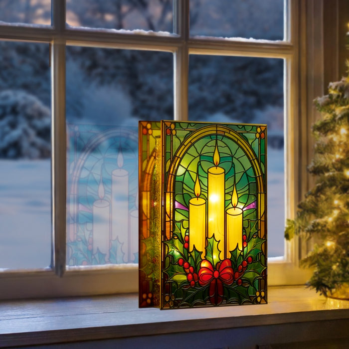Premier Battery Operated Lit Candles & Holly Glass Table Top 50 Warm White LEDs