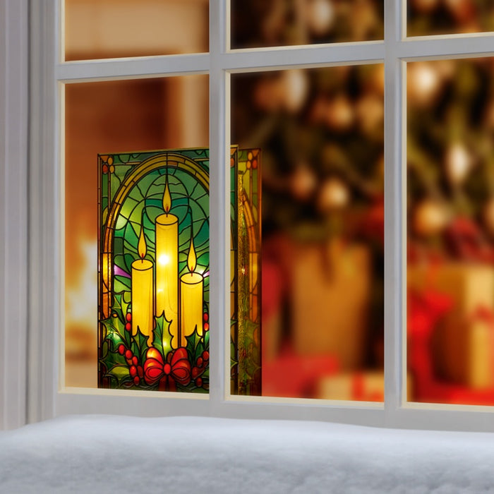 Premier Battery Operated Lit Candles & Holly Glass Table Top 50 Warm White LEDs