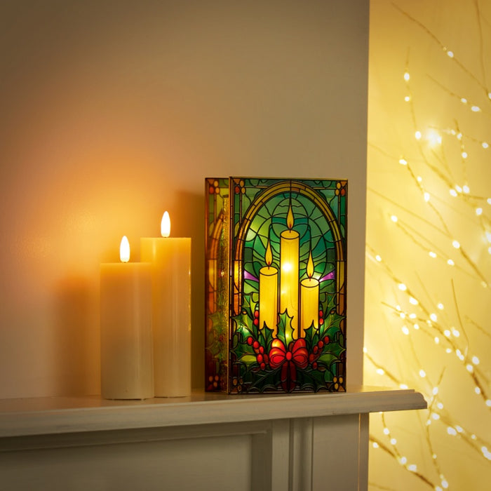 Premier Battery Operated Lit Candles & Holly Glass Table Top 50 Warm White LEDs