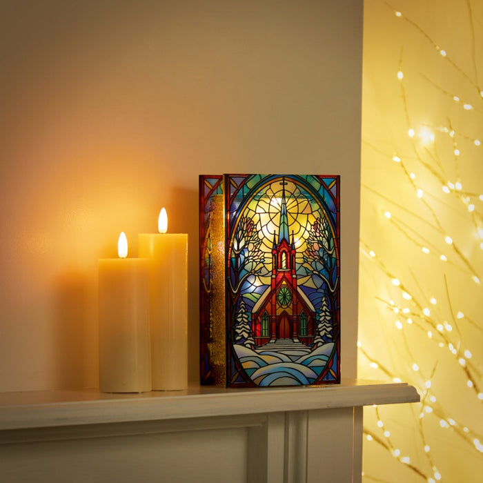 Premier Battery Operated Lit Village Church Glass Table Top 50 Warm White LEDs